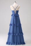 Dark Blue A-Line Chiffon Tiered Long Bridesmaid Dress with Lace Up Back