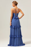 Dark Blue A-Line Spaghetti Straps Tiered Long Bridesmaid Dress with Lace Up Back