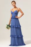 Dark Blue A-Line Spaghetti Straps Tiered Long Bridesmaid Dress with Lace Up Back