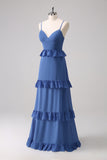 Dark Blue A-Line Chiffon Tiered Long Bridesmaid Dress with Lace Up Back