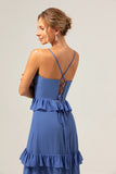 Dark Blue A-Line Spaghetti Straps Tiered Long Bridesmaid Dress with Lace Up Back