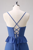 Dark Blue A-Line Chiffon Tiered Long Bridesmaid Dress with Lace Up Back