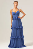 Dark Blue A-Line Spaghetti Straps Tiered Long Bridesmaid Dress with Lace Up Back