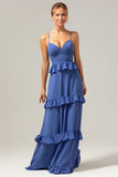 Dark Blue A-Line Spaghetti Straps Tiered Long Bridesmaid Dress with Lace Up Back