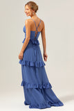 Dark Blue A-Line Spaghetti Straps Tiered Long Bridesmaid Dress with Lace Up Back