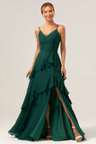 Dark Green A Line V Neck Ruffled Chiffon Tiered Floor Length Bridesmaid Dress with Slit