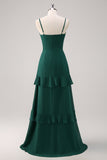 Dark Green A Line Spaghetti Straps Ruffled Chiffon Floor Length Bridesmaid Dress with Slit