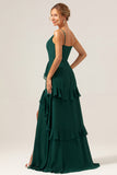 Dark Green A Line V Neck Ruffled Chiffon Tiered Floor Length Bridesmaid Dress with Slit