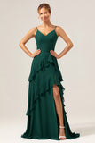 Dark Green A Line V Neck Ruffled Chiffon Tiered Floor Length Bridesmaid Dress with Slit