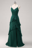 Dark Green A Line Spaghetti Straps Ruffled Chiffon Floor Length Bridesmaid Dress with Slit