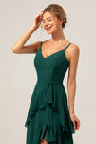 Dark Green A Line V Neck Ruffled Chiffon Tiered Floor Length Bridesmaid Dress with Slit