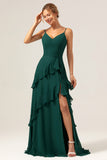 Dark Green A Line V Neck Ruffled Chiffon Tiered Floor Length Bridesmaid Dress with Slit