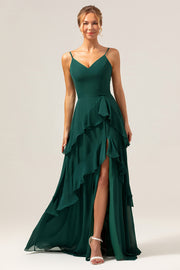 Dark Green A Line V Neck Ruffled Chiffon Tiered Floor Length Bridesmaid Dress with Slit