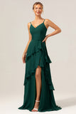 Dark Green A Line V Neck Ruffled Chiffon Tiered Floor Length Bridesmaid Dress with Slit