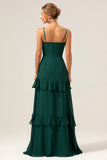 Dark Green A Line V Neck Ruffled Chiffon Tiered Floor Length Bridesmaid Dress with Slit