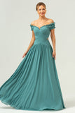 Eucalyptus A Line Off The Shoulder Ruched Cut Out Floor Length Bridesmaid Dress