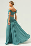 Eucalyptus A Line Off The Shoulder Ruched Cut Out Floor Length Bridesmaid Dress