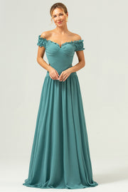 Eucalyptus A Line Off The Shoulder Ruched Cut Out Floor Length Bridesmaid Dress