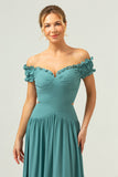 Eucalyptus A Line Off The Shoulder Ruched Cut Out Floor Length Bridesmaid Dress