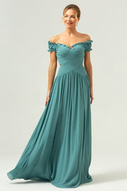 Eucalyptus A Line Off The Shoulder Ruched Cut Out Floor Length Bridesmaid Dress