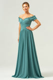 Eucalyptus A Line Off The Shoulder Ruched Cut Out Floor Length Bridesmaid Dress