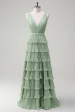 Dusty Sage A-Line V-Neck Pleated Tiered Open Back Long Bridesmaid Dress with Slit