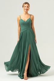 Eucalyptus A Line Spaghetti Straps Pleated Long Bridesmaid Dress with Slit