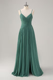 A Line Spaghetti Straps Pleated Long Eucalyptus Bridesmaid Dress with Slit