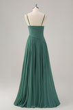 A Line Spaghetti Straps Pleated Long Eucalyptus Bridesmaid Dress with Slit