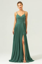 Eucalyptus A Line Spaghetti Straps Pleated Long Bridesmaid Dress with Slit