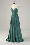 A Line Spaghetti Straps Pleated Long Eucalyptus Bridesmaid Dress with Slit