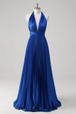 Royal Blue A-Line Halter Pleated Open Back Long Bridesmaid Dress