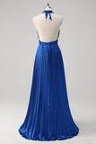 Royal Blue A-Line Halter Pleated Open Back Long Bridesmaid Dress