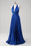 Royal Blue A-Line Halter Pleated Open Back Long Bridesmaid Dress