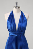 Royal Blue A-Line Halter Pleated Open Back Long Bridesmaid Dress