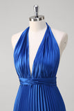 Royal Blue A-Line Halter Pleated Open Back Long Bridesmaid Dress