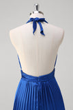 Royal Blue A-Line Halter Pleated Open Back Long Bridesmaid Dress