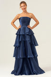 Dark Navy A Line Strapless Tiered Pleated Ruffled Floor Length Bridesmaid Dress