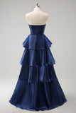 Dark Navy A Line Strapless Pleated Tiered Floor Length Ruffle Bridesmaid Dress