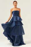 Dark Navy A Line Strapless Tiered Pleated Ruffled Floor Length Bridesmaid Dress