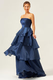 Dark Navy A Line Strapless Tiered Pleated Ruffled Floor Length Bridesmaid Dress