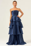 Dark Navy A Line Strapless Tiered Pleated Ruffled Floor Length Bridesmaid Dress