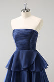 Dark Navy A Line Strapless Pleated Tiered Floor Length Ruffle Bridesmaid Dress