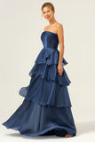 Dark Navy A Line Strapless Tiered Pleated Ruffled Floor Length Bridesmaid Dress