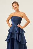 Dark Navy A Line Strapless Tiered Pleated Ruffled Floor Length Bridesmaid Dress