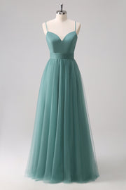 A Line Spaghetti Straps Ruched Floor Length Eucalyptus Bridesmaid Dress