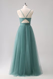 A Line Spaghetti Straps Ruched Floor Length Eucalyptus Bridesmaid Dress