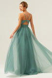 Eucalyptus A Line Spaghetti Straps Ruched Floor Length Bridesmaid Dress