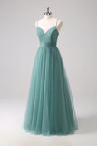 A Line Spaghetti Straps Ruched Floor Length Eucalyptus Bridesmaid Dress