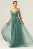 Eucalyptus A Line Spaghetti Straps Ruched Floor Length Bridesmaid Dress